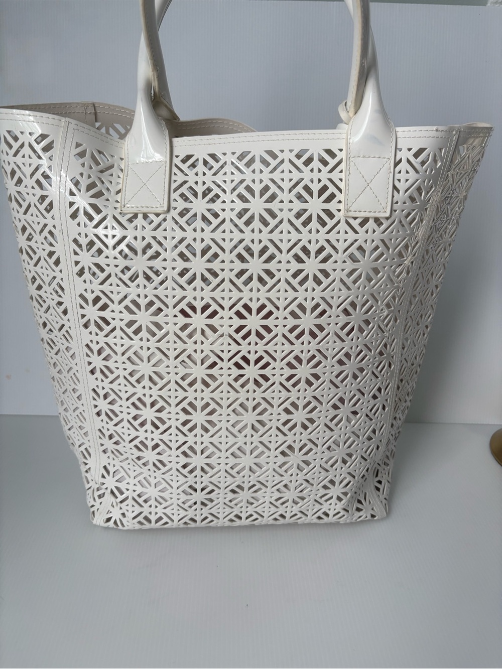 Tory Burch White Laser Cut Floral Double Handles Shopper Beach Tote Bag
